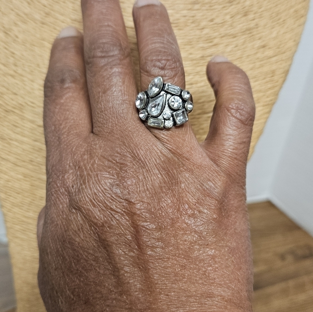 Vintage Silver-tone Glass Rhinestone Statement Ring, Size 8